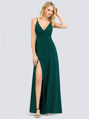 Color=Dark Green | Shimmery Long V Neck Prom Dress With Slit-Dark Green 1