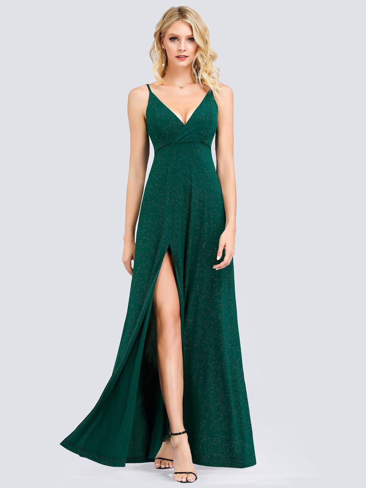 Color=Dark Green | Shimmery Long V Neck Prom Dress With Slit-Dark Green 4