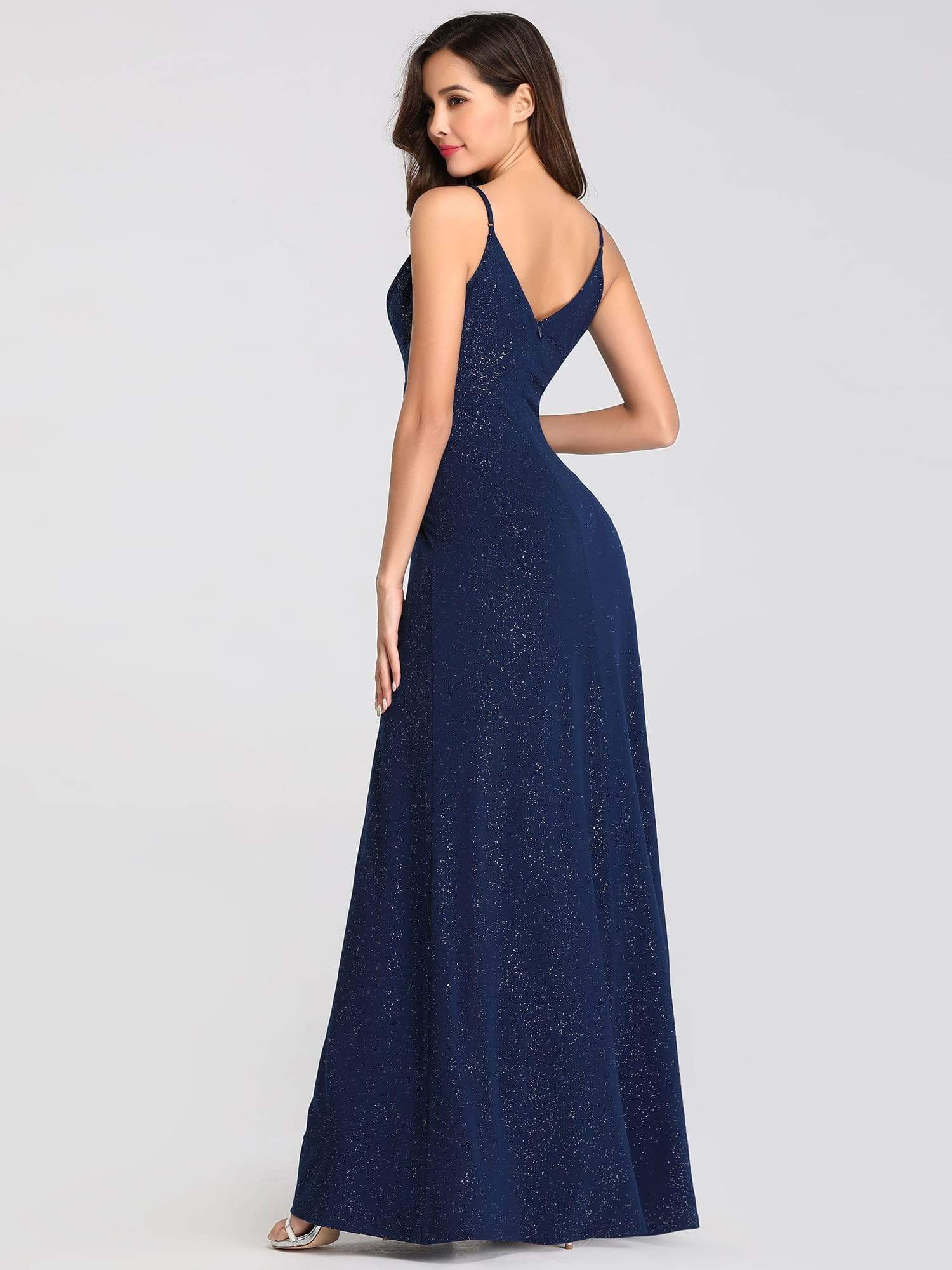 Color=Navy Blue | Shimmery Long V Neck Prom Dress With Slit-Navy Blue 2