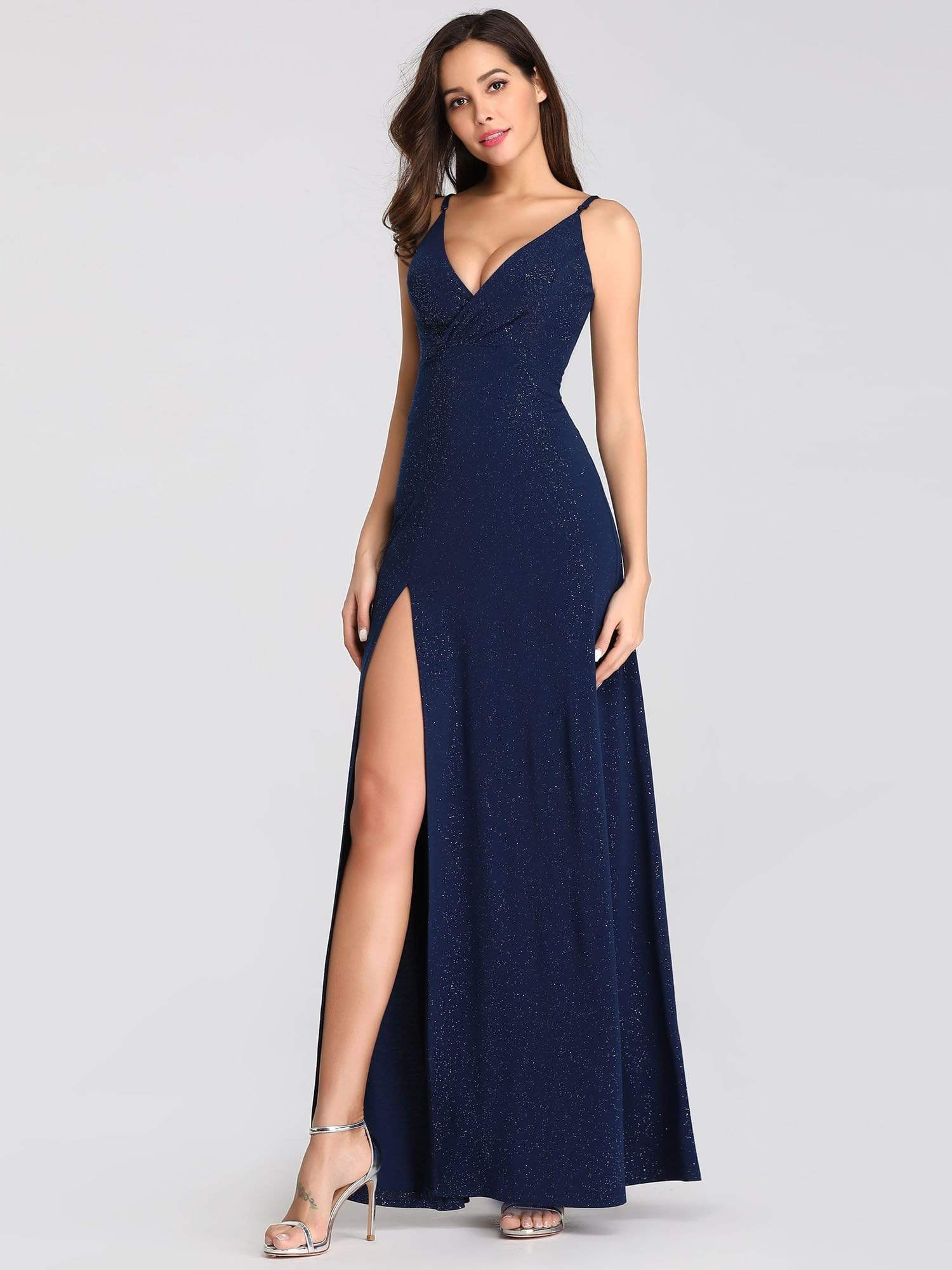 Color=Navy Blue | Shimmery Long V Neck Prom Dress With Slit-Navy Blue 3