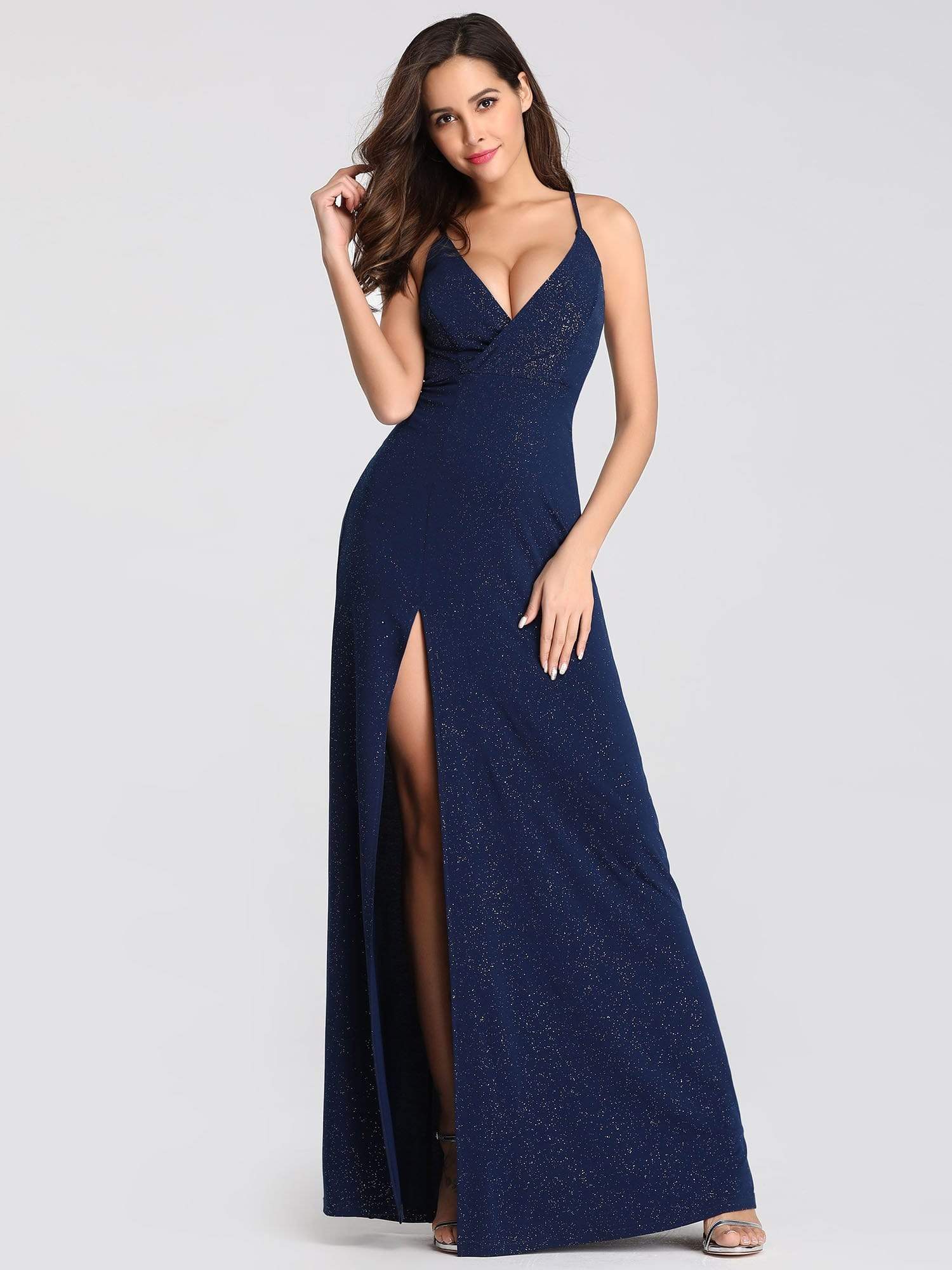 Color=Navy Blue | Shimmery Long V Neck Prom Dress With Slit-Navy Blue 4