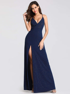 Color=Navy Blue | Shimmery Long V Neck Prom Dress With Slit-Navy Blue 4