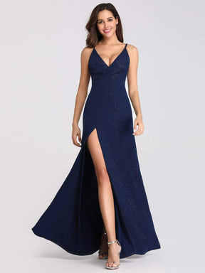 Color=Navy Blue | Shimmery Long V Neck Prom Dress With Slit-Navy Blue 6