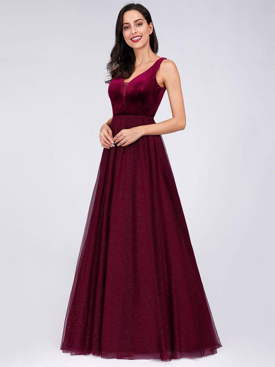 COLOR=Burgundy | Shimmery Floor Length Burgundy Prom Dress-Burgundy 6