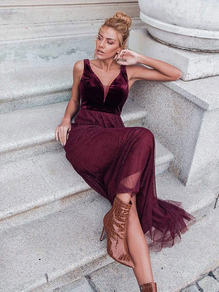 Prom Party Dresses for Women Velvet Tulle A-Line Maxi Long
