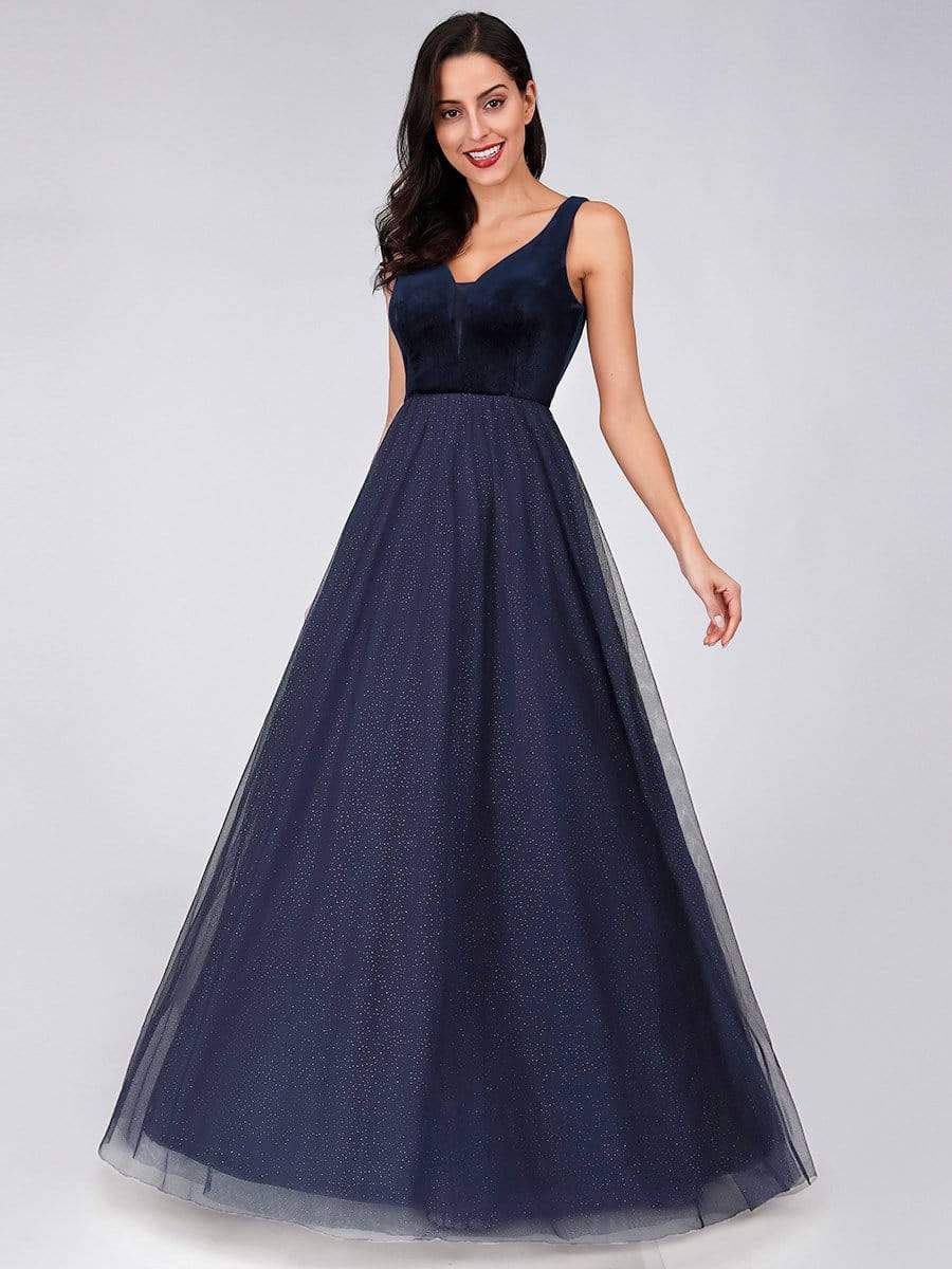 COLOR=Navy Blue | Shimmery Floor Length Burgundy Prom Dress-Navy Blue 3
