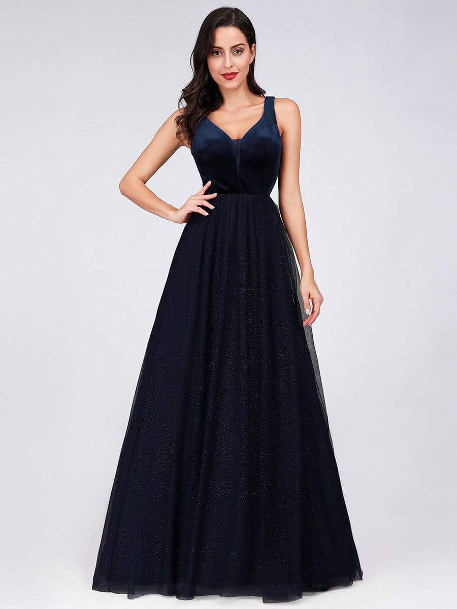 COLOR=Navy Blue | Shimmery Floor Length Burgundy Prom Dress-Navy Blue 1