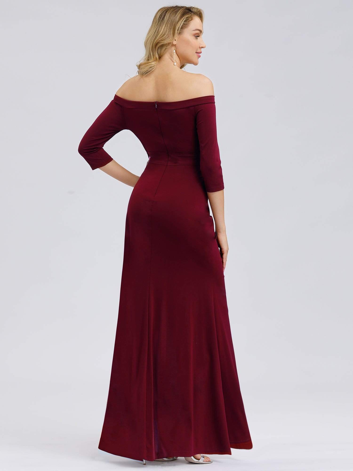 Color=Burgundy | Floor Length Off Shoulder Evening Dress With Thigh High Slit-Burgundy 2