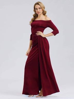 Color=Burgundy | Floor Length Off Shoulder Evening Dress With Thigh High Slit-Burgundy 3