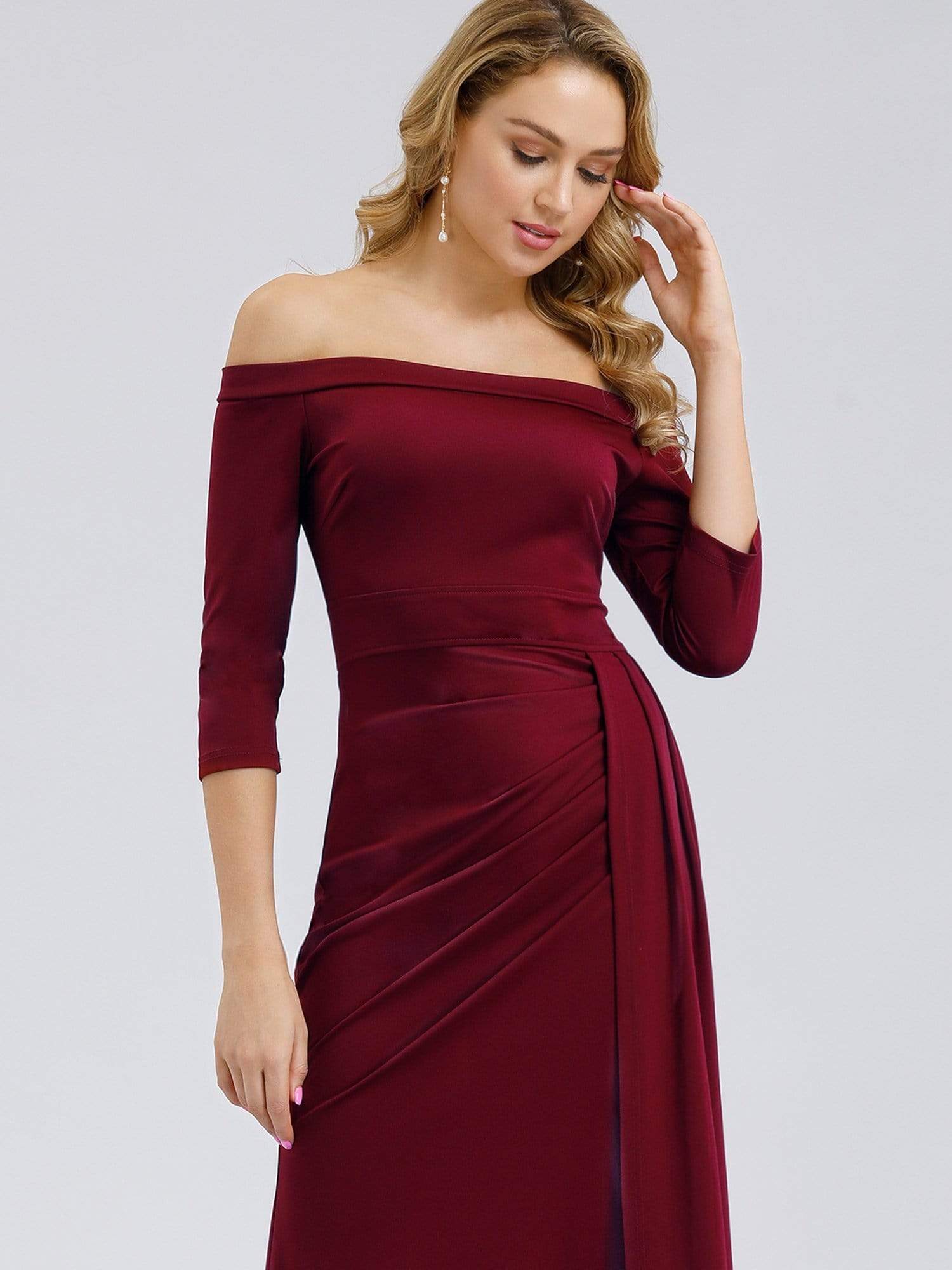 Color=Burgundy | Floor Length Off Shoulder Evening Dress With Thigh High Slit-Burgundy 5