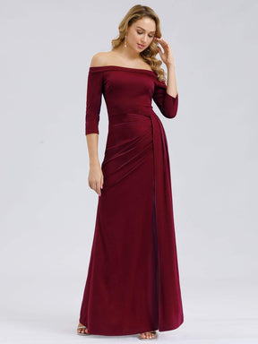 Color=Burgundy | Floor Length Off Shoulder Evening Dress With Thigh High Slit-Burgundy 1