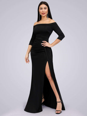 Color=Black | Floor Length Off Shoulder Evening Dress With Thigh High Slit-Black 3