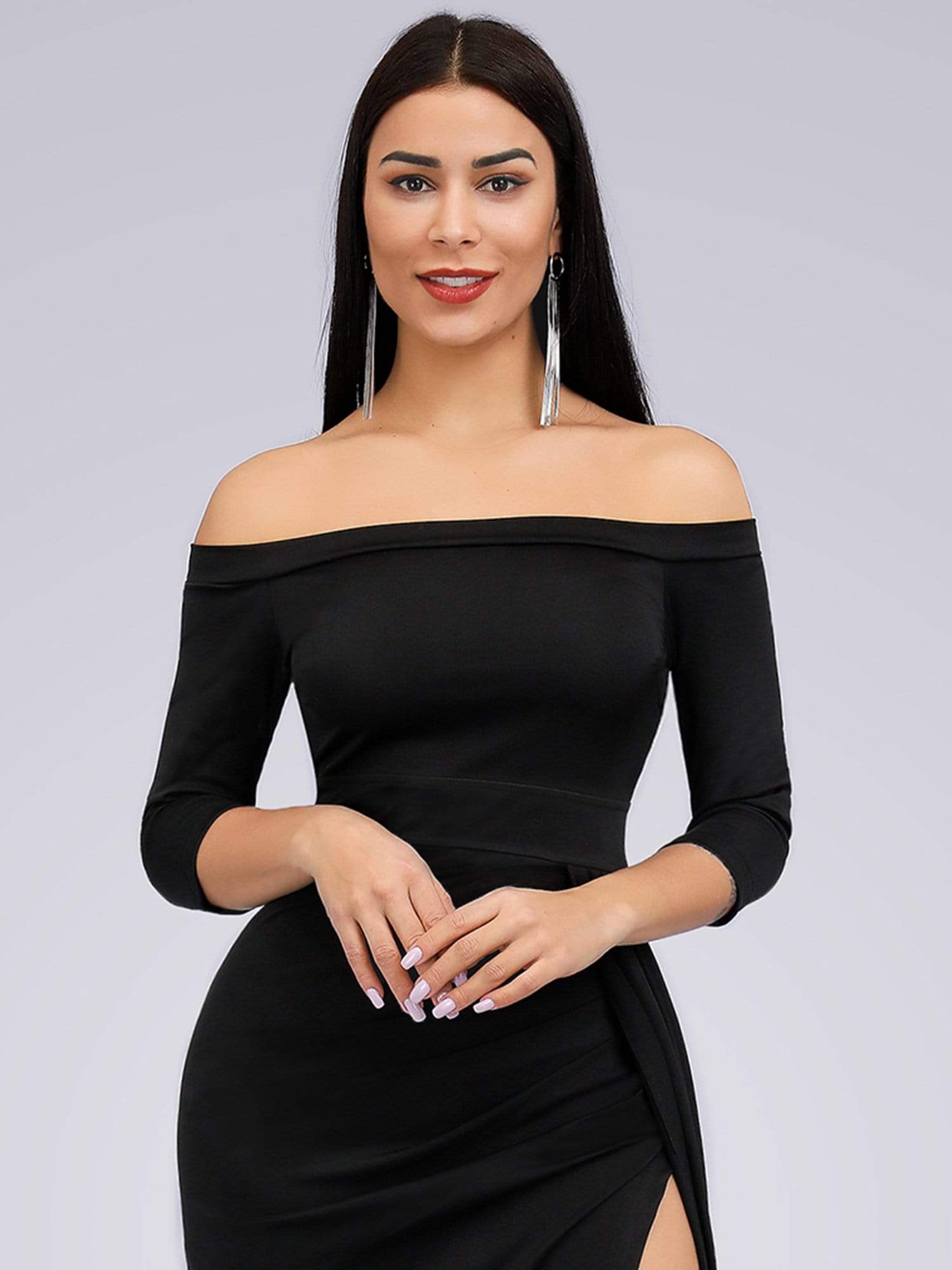 Color=Black | Floor Length Off Shoulder Evening Dress With Thigh High Slit-Black 5