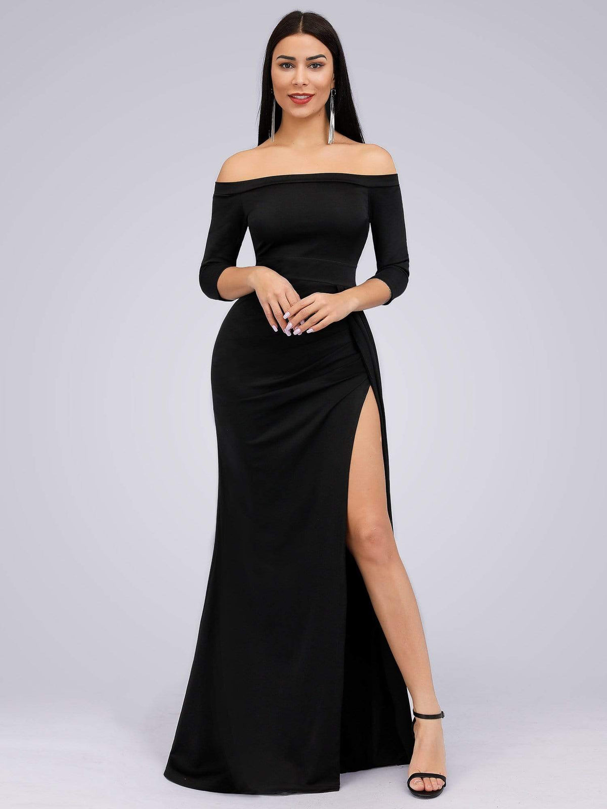Color=Black | Floor Length Off Shoulder Evening Dress With Thigh High Slit-Black 1