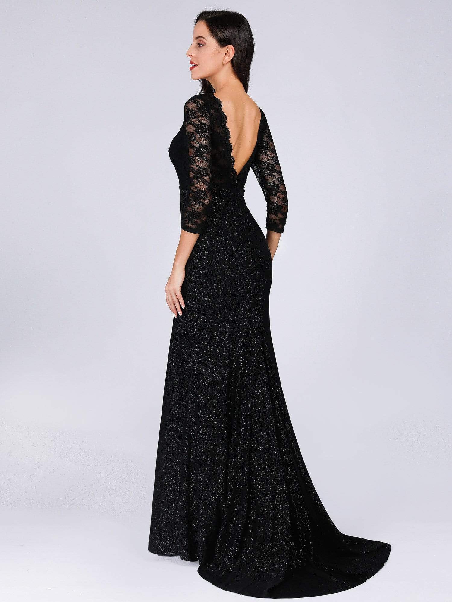 Color=Black | Long Shimmery Lace Black Evening Gown-Black 2