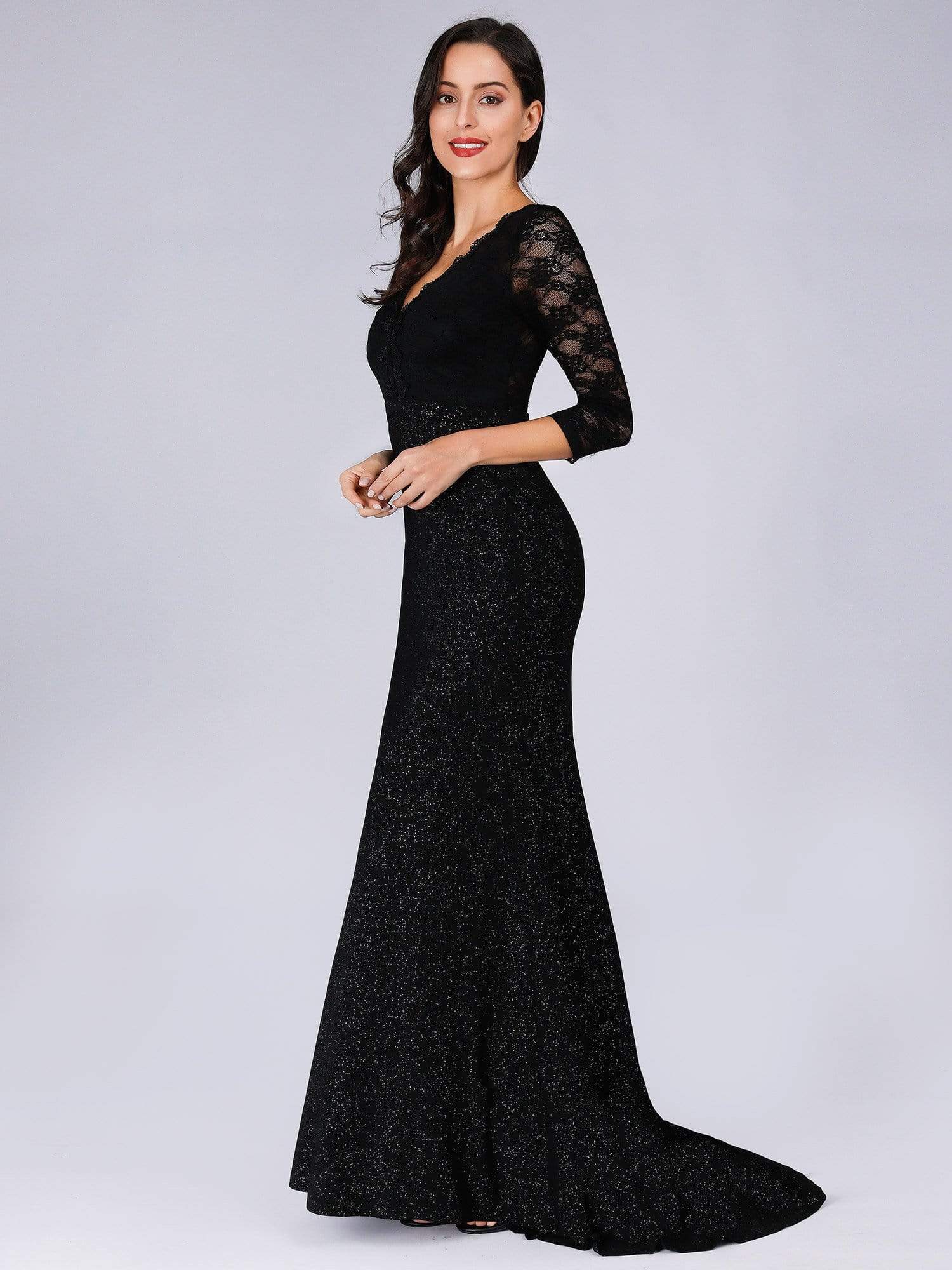 Color=Black | Long Shimmery Lace Black Evening Gown-Black 3