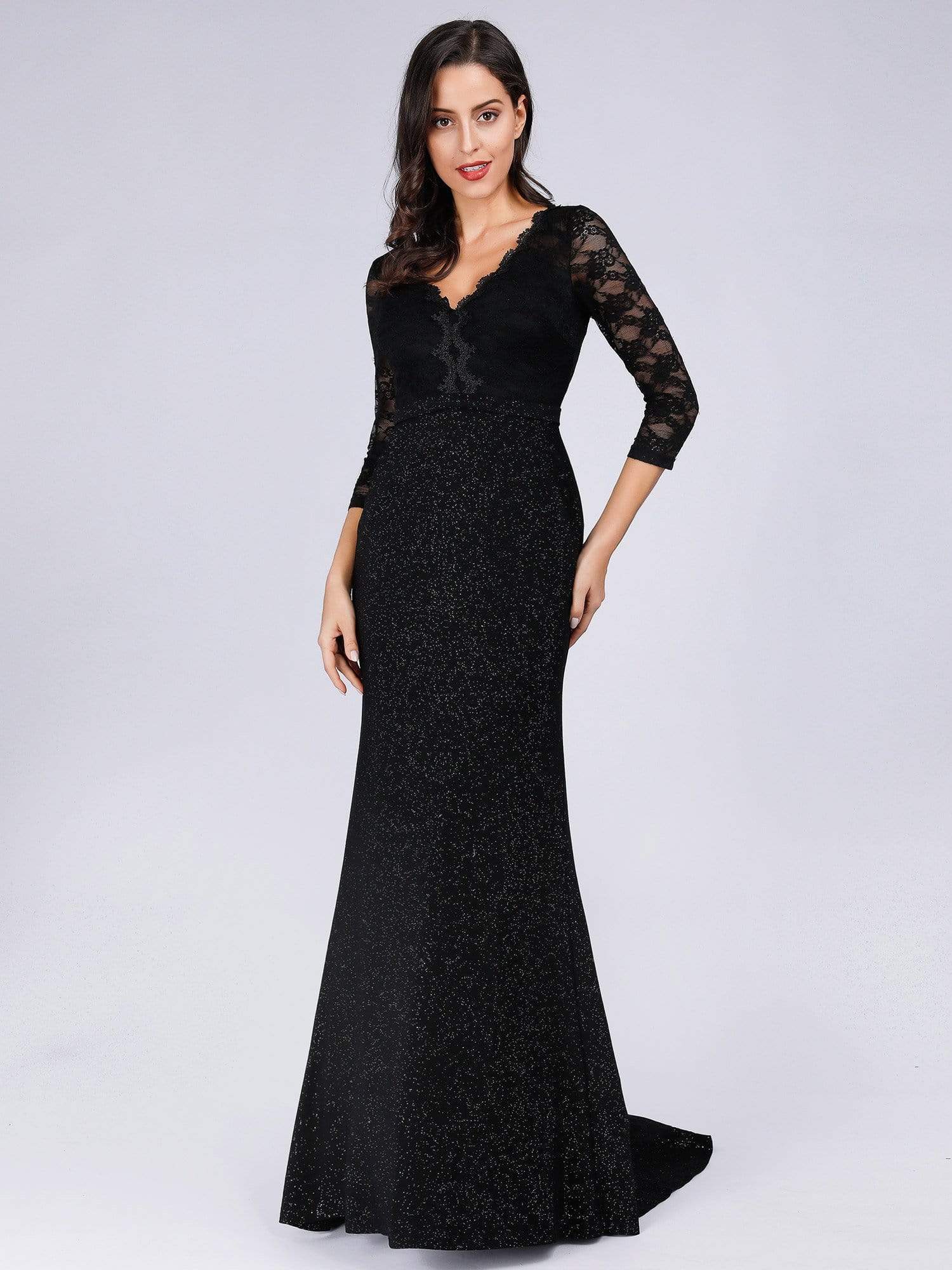 Color=Black | Long Shimmery Lace Black Evening Gown-Black 4