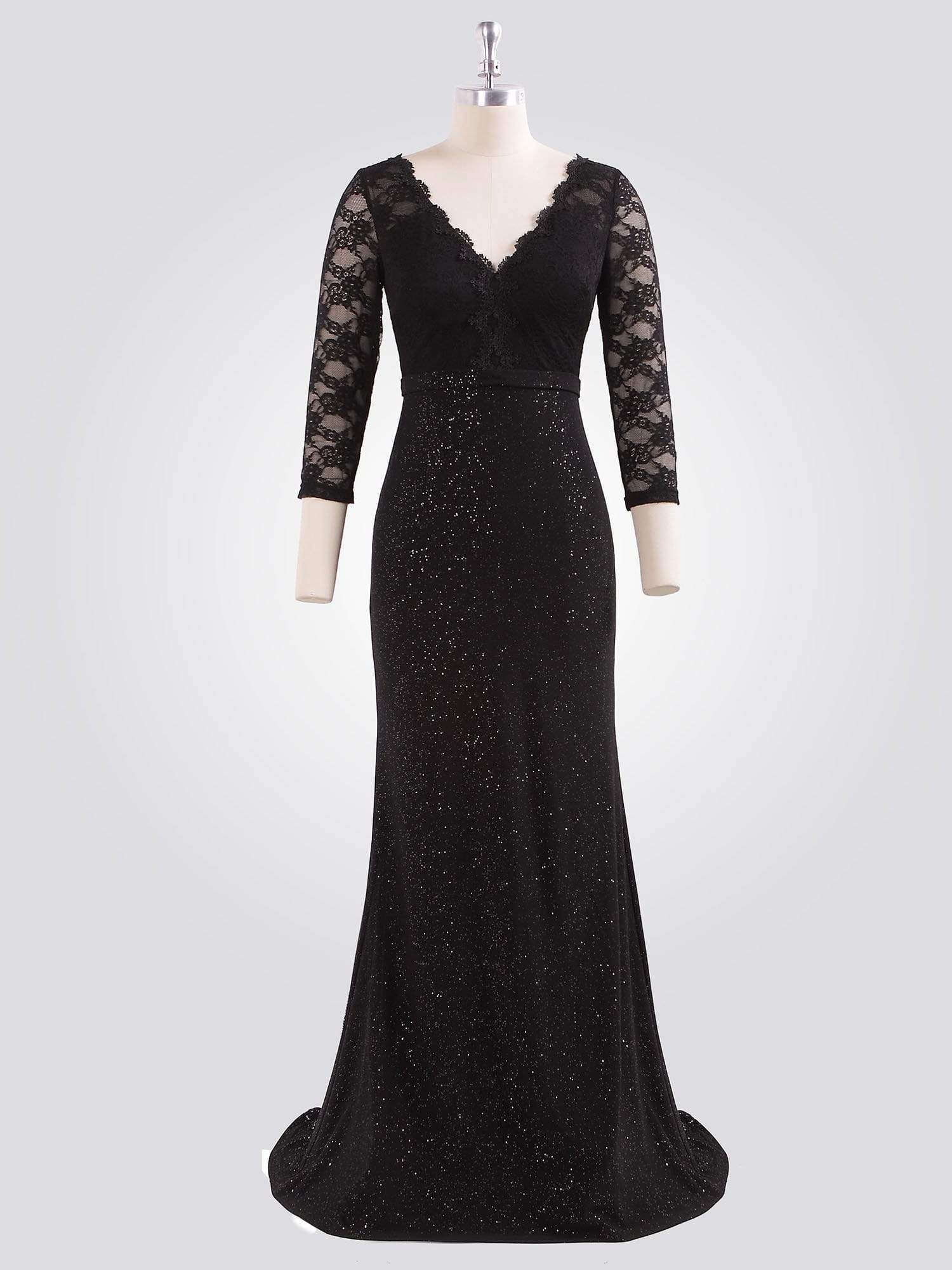 Color=Black | Long Shimmery Lace Black Evening Gown-Black 6