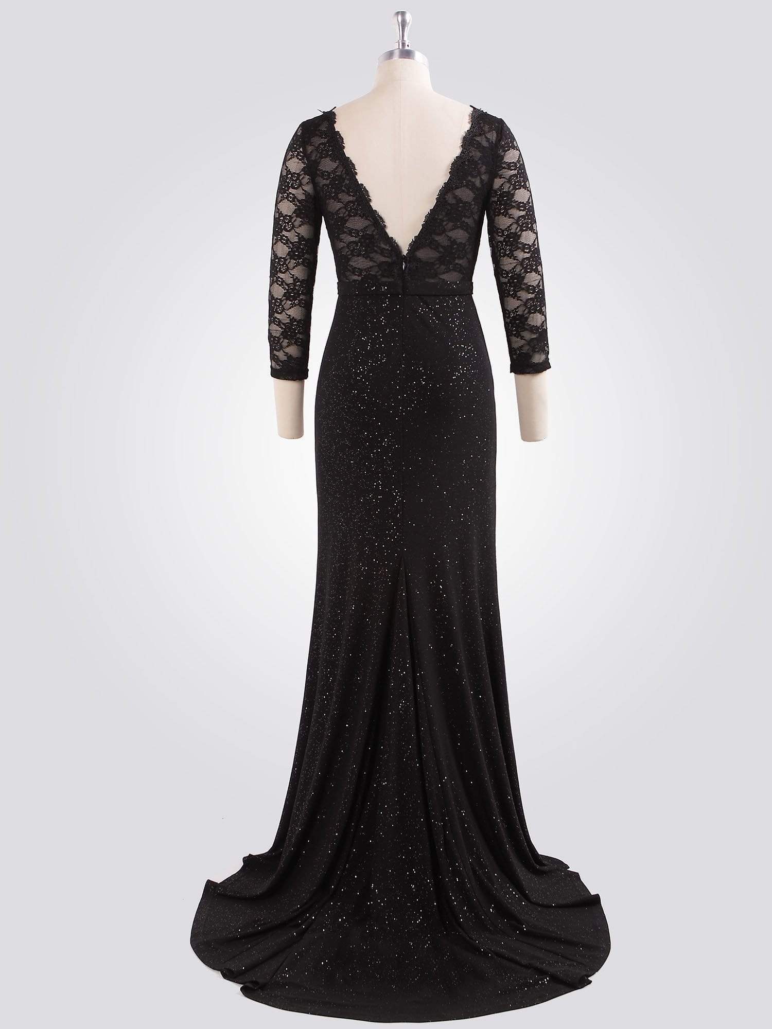 Color=Black | Long Shimmery Lace Black Evening Gown-Black 7