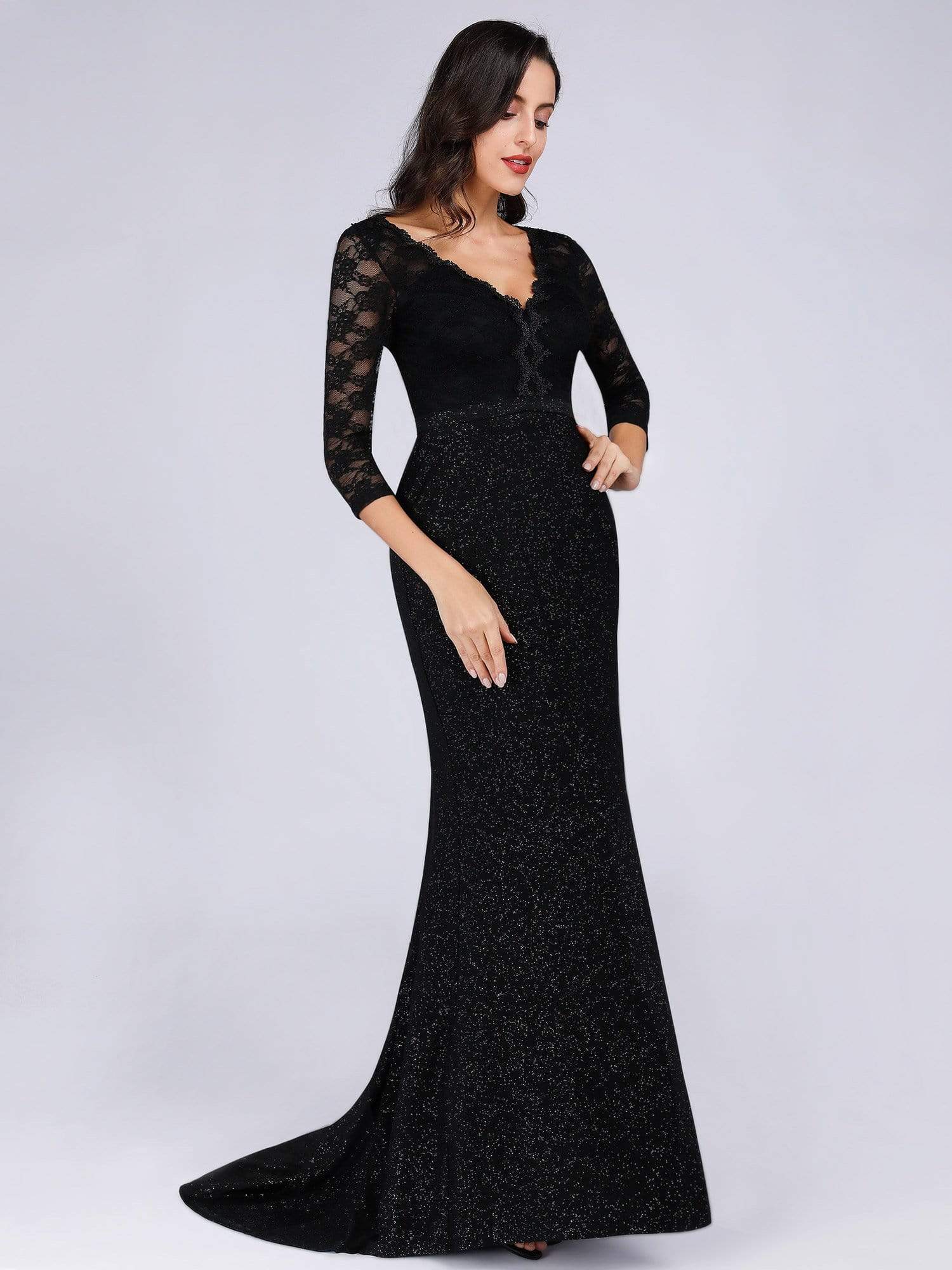 Color=Black | Long Shimmery Lace Black Evening Gown-Black 1