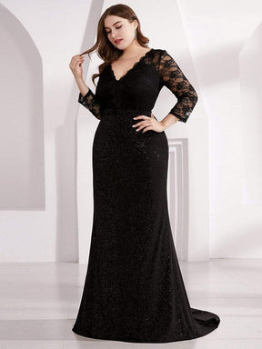Color=Black | Long Shimmery Lace Black Evening Gown-Black 3