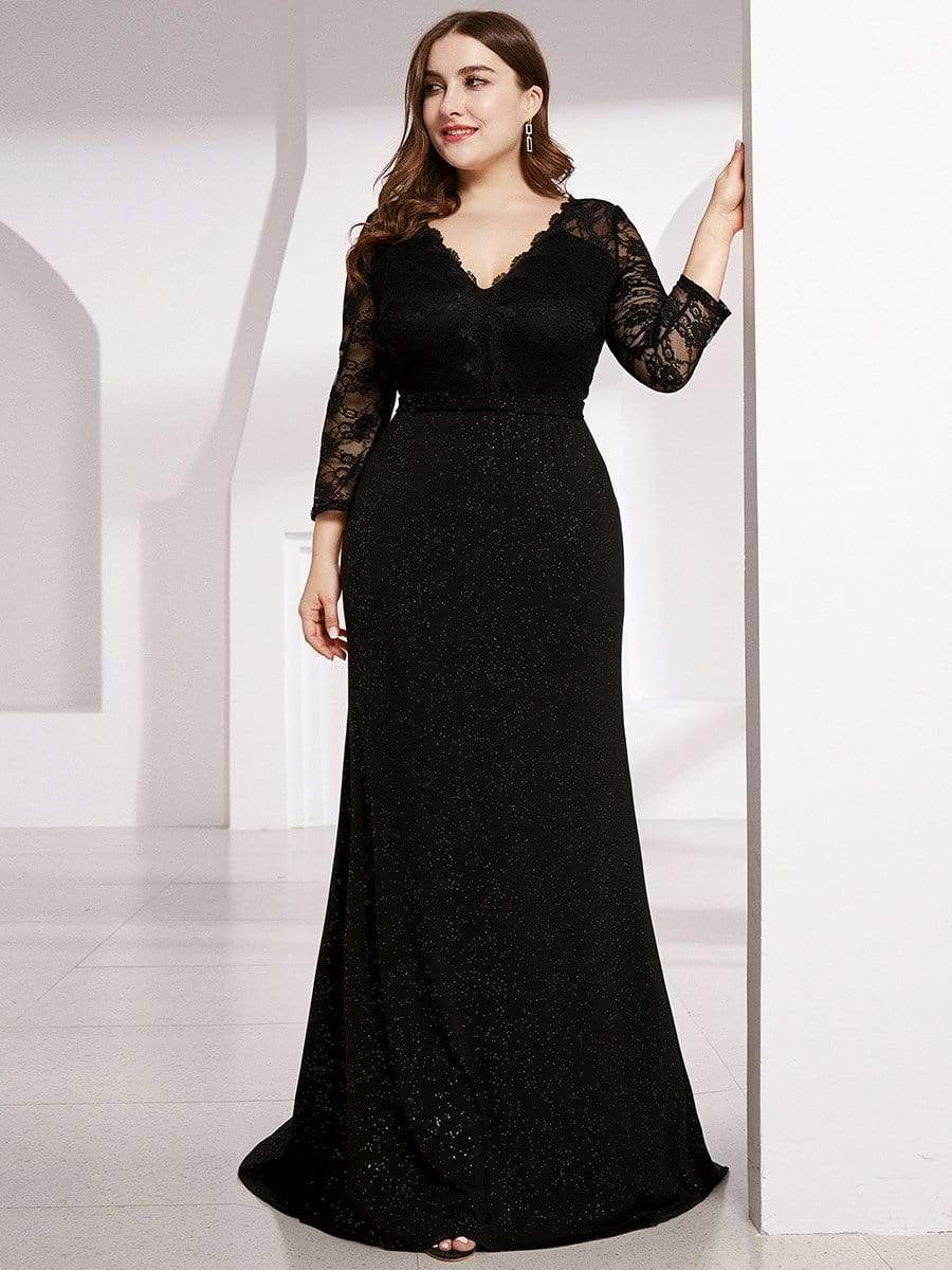 Color=Black | Long Shimmery Lace Black Evening Gown-Black 4