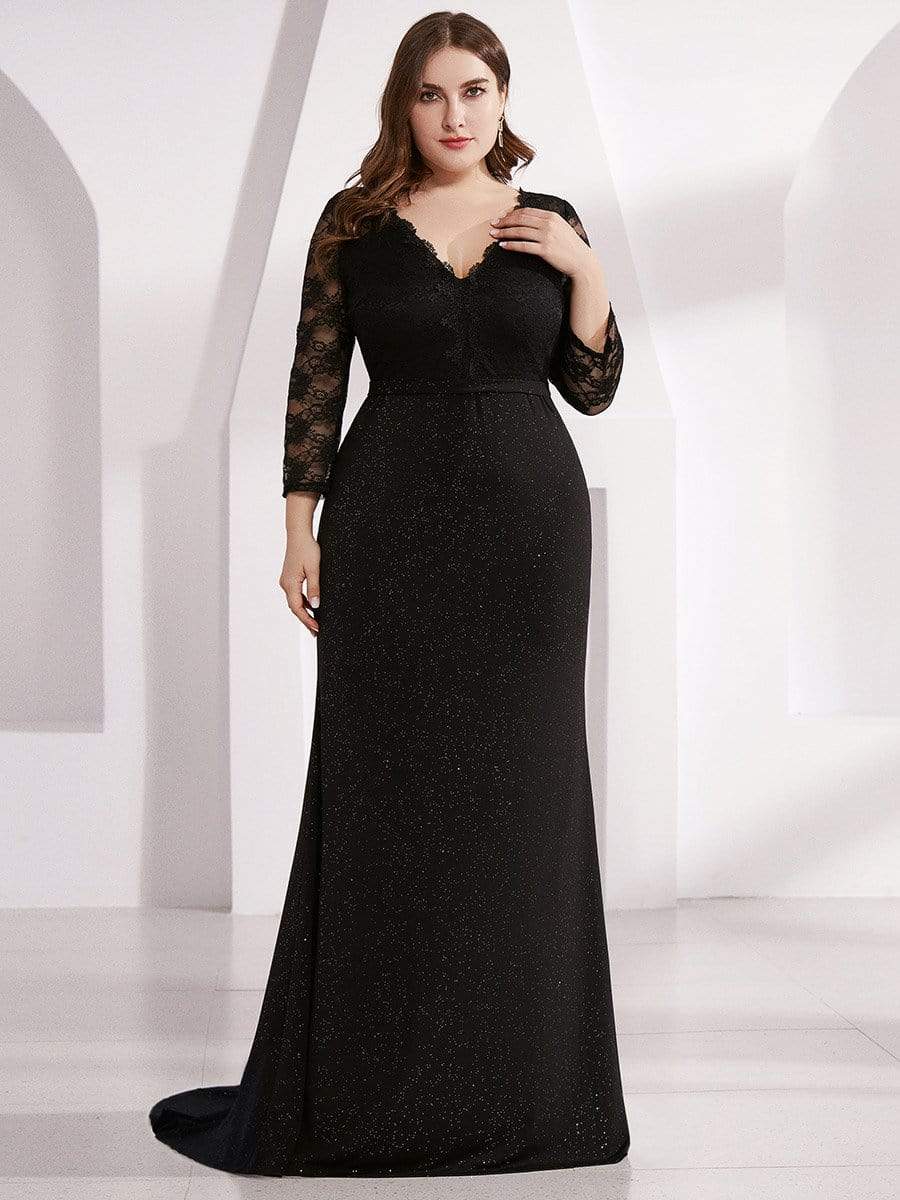 Color=Black | Long Shimmery Lace Black Evening Gown-Black 1