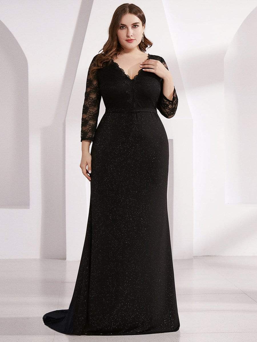 Color=Black | Long Shimmery Lace Black Evening Gown-Black 8