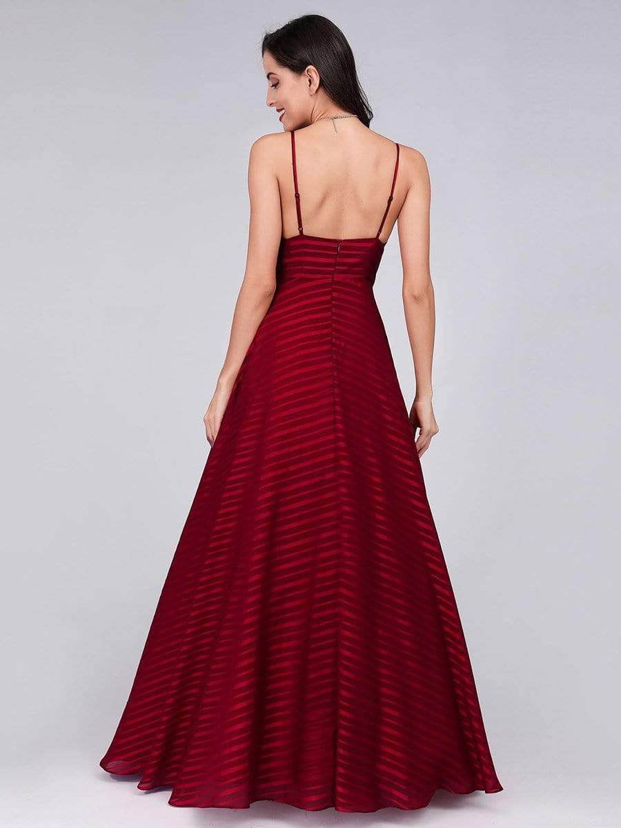 Color=Burgundy | Sexy V Neck Striped Chiffon Party Dress-Burgundy 2