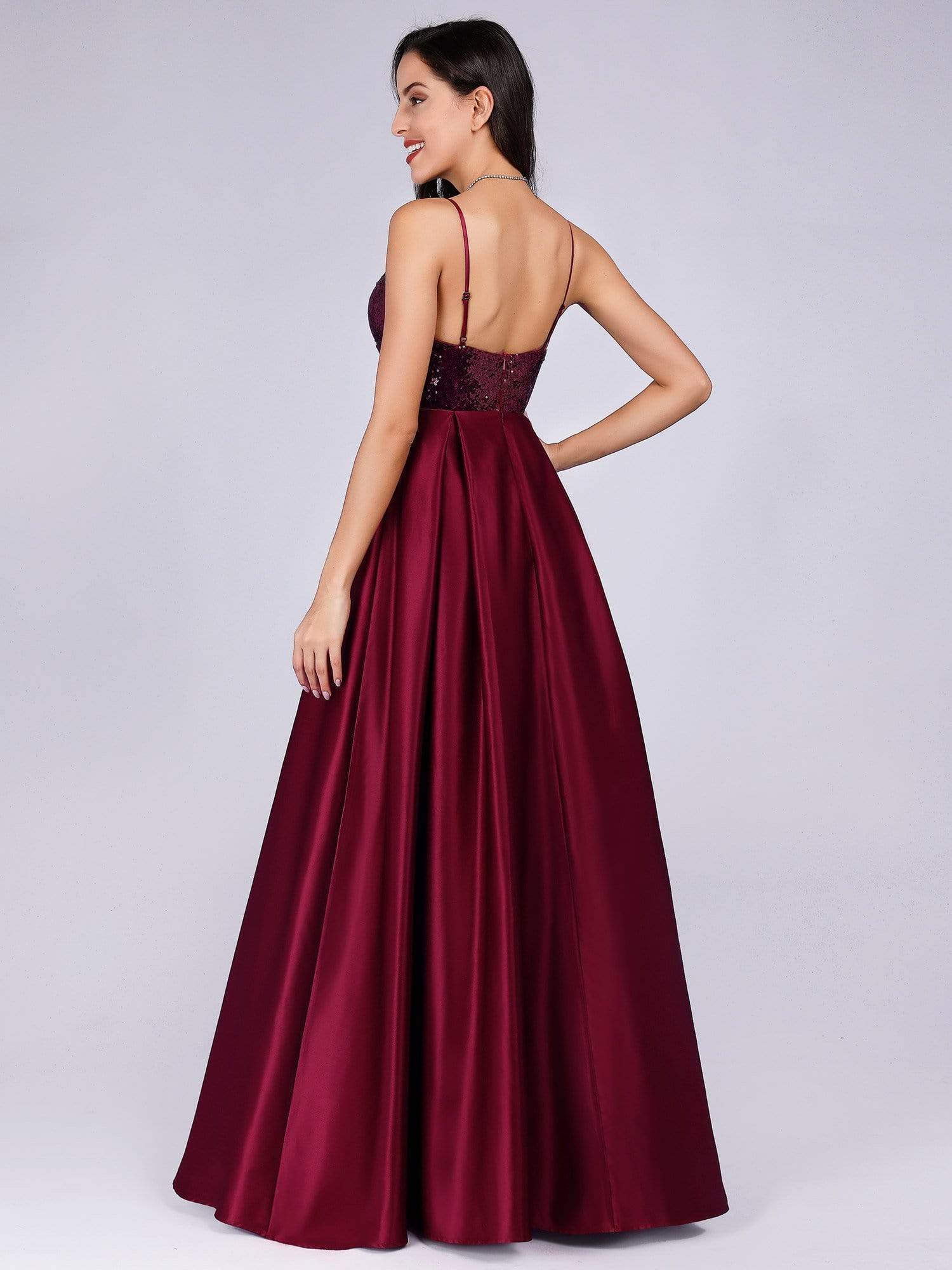 Prom Dresses for Women Spaghetti Strap Sequin and Stain Burgundy