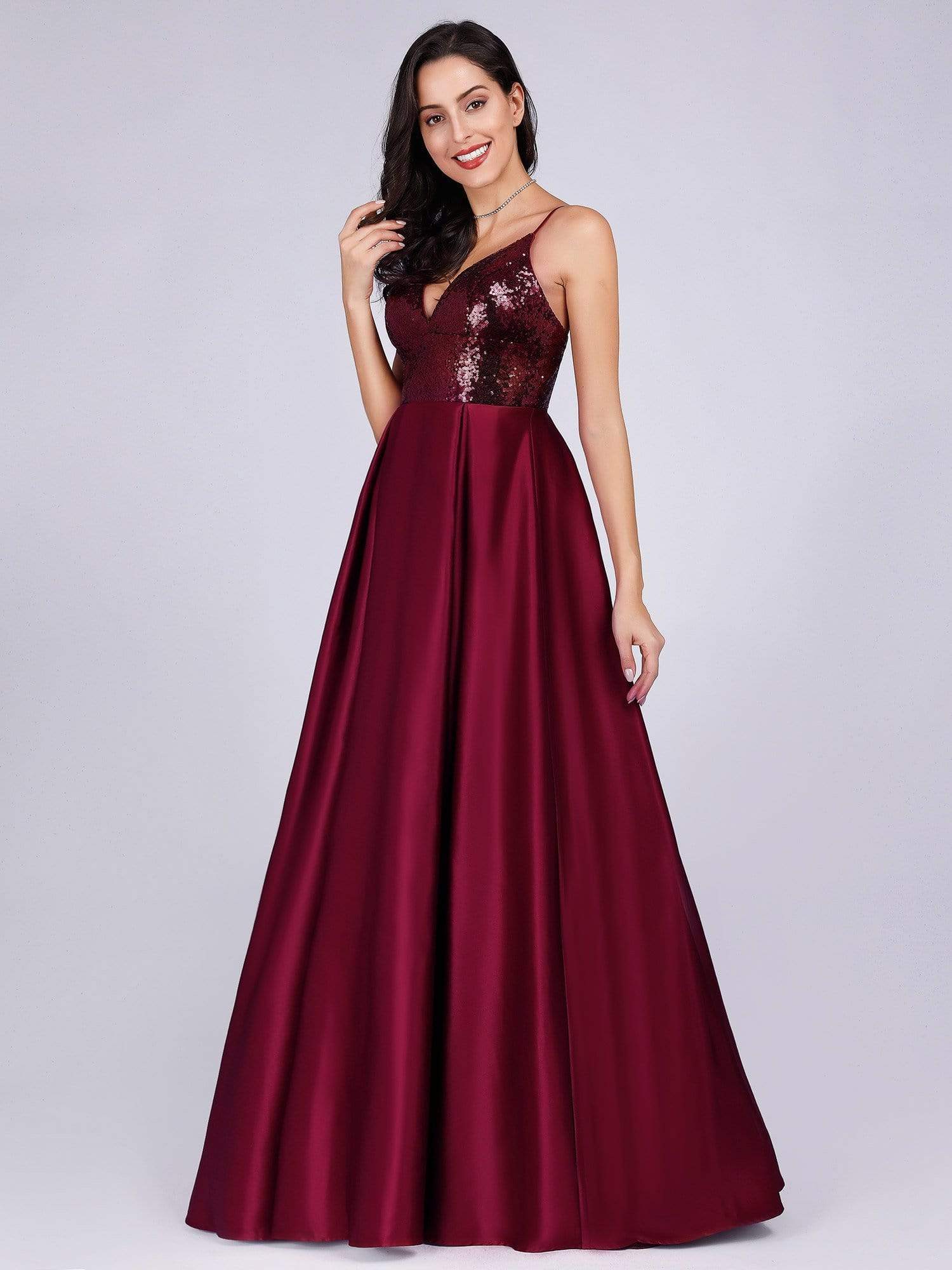 Color=Burgundy | Women Deep V Neck Long Sleeveless Paillette Evening Prom Dress-Burgundy 2
