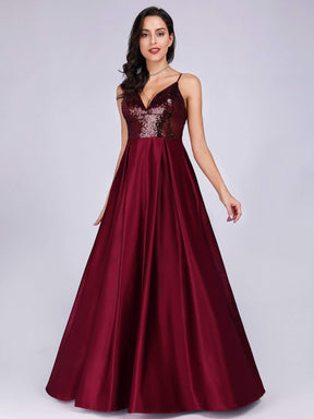 Color=Burgundy | Women Deep V Neck Long Sleeveless Paillette Evening Prom Dress-Burgundy 1