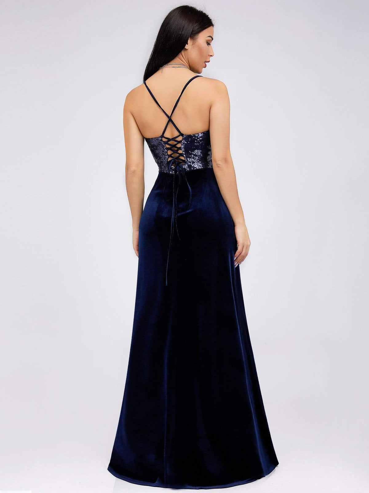 Color=Navy Blue | Women Fashion Paillette Sleeveless Long Evening Party Dress-Navy Blue 2