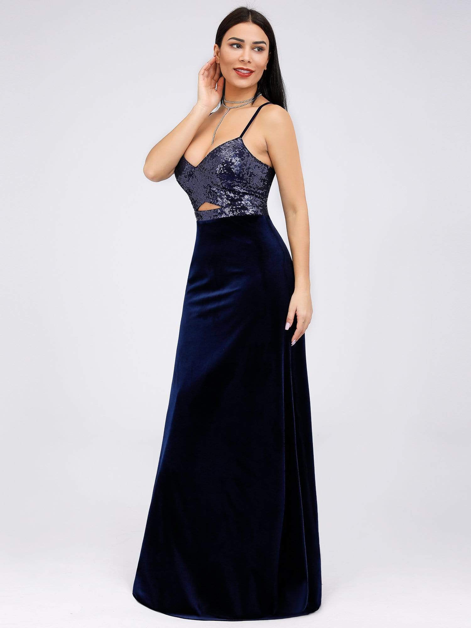 Color=Navy Blue | Women Fashion Paillette Sleeveless Long Evening Party Dress-Navy Blue 3