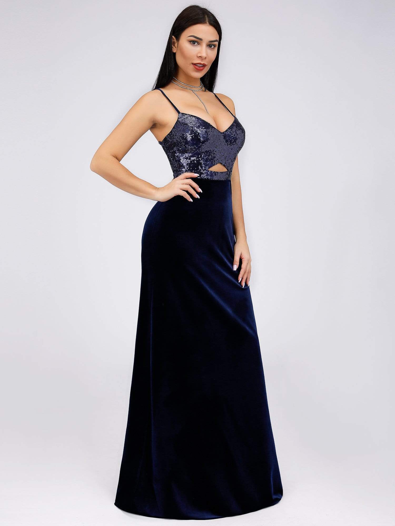 Color=Navy Blue | Women Fashion Paillette Sleeveless Long Evening Party Dress-Navy Blue 4