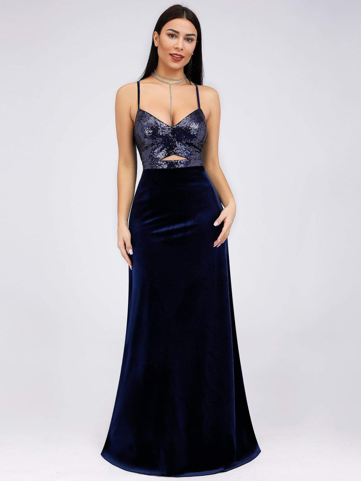 Color=Navy Blue | Women Fashion Paillette Sleeveless Long Evening Party Dress-Navy Blue 1