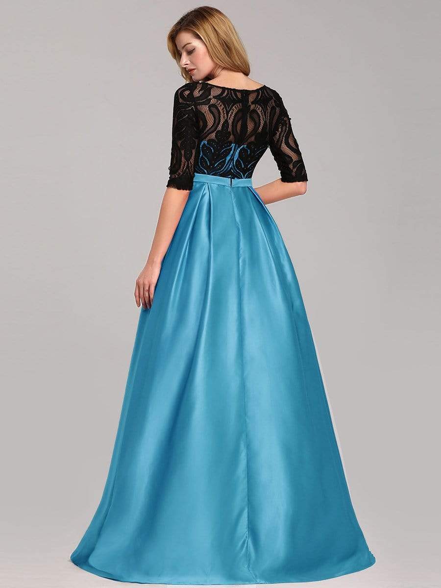 Color=Sky Blue | Women Lace Round Neck Formal Evening Dress-Sky Blue 2