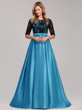 Color=Sky Blue | Women Lace Round Neck Formal Evening Dress-Sky Blue 4