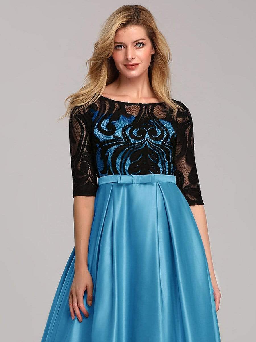 Color=Sky Blue | Women Lace Round Neck Formal Evening Dress-Sky Blue 5