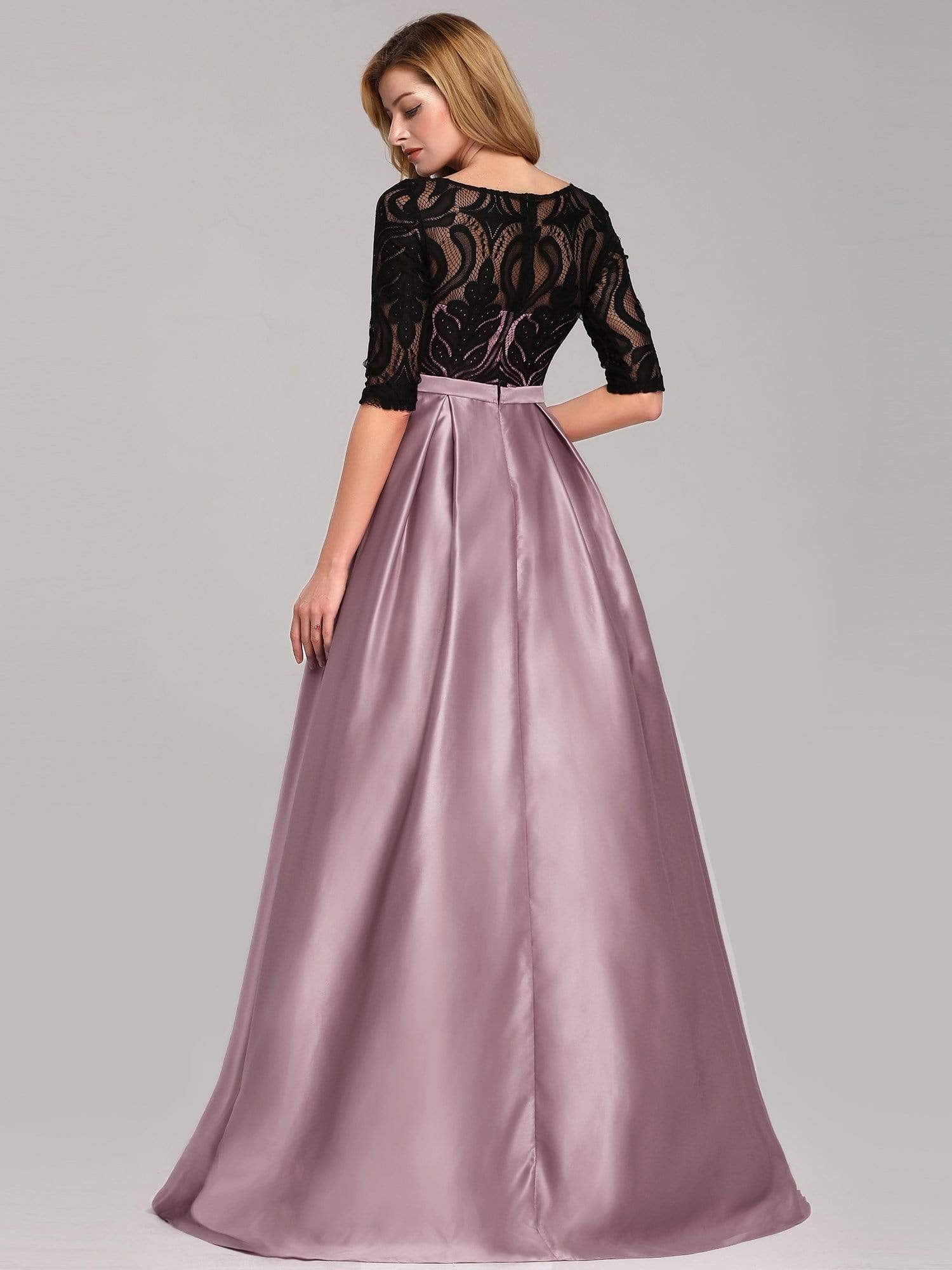 Color=Mauve | Women Lace Round Neck Formal Evening Dress-Mauve 6