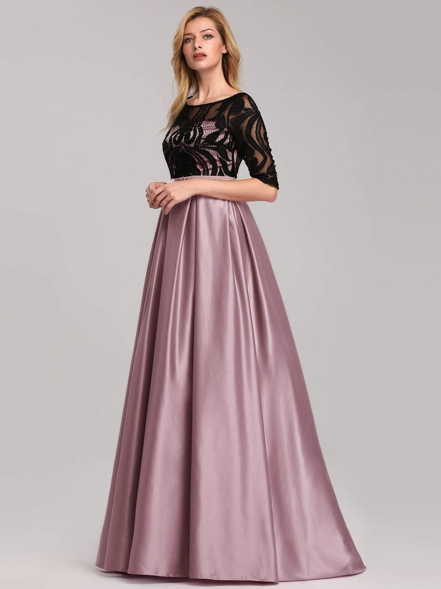 Color=Mauve | Women Lace Round Neck Formal Evening Dress-Mauve 3