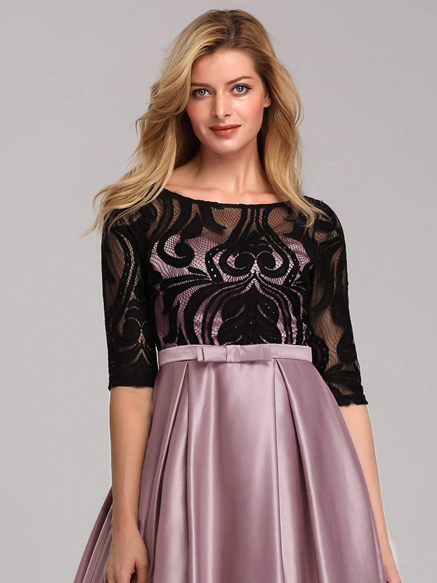 Color=Mauve | Women Lace Round Neck Formal Evening Dress-Mauve 7