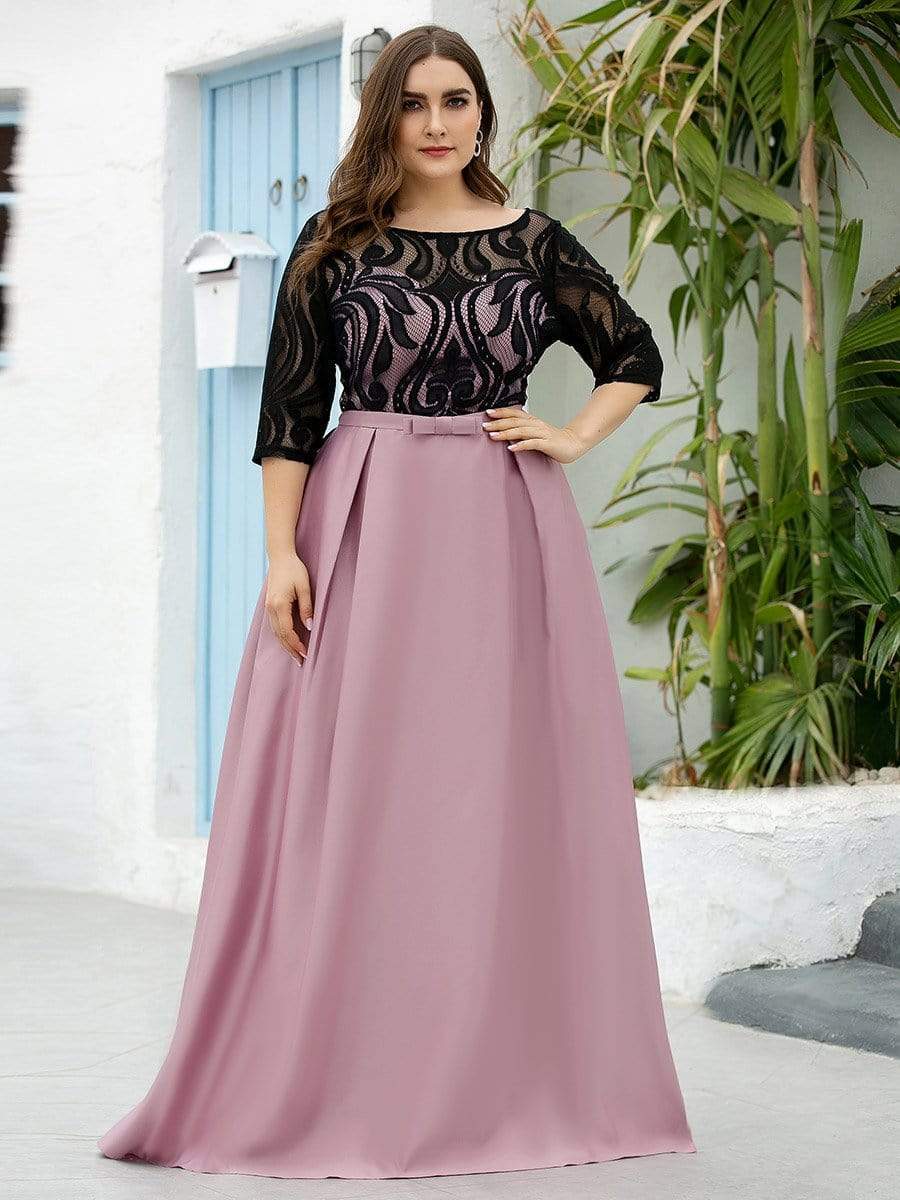 COLOR=Mauve | Plus Size Women Lace Round Neck Formal Evening Dress-Mauve 4