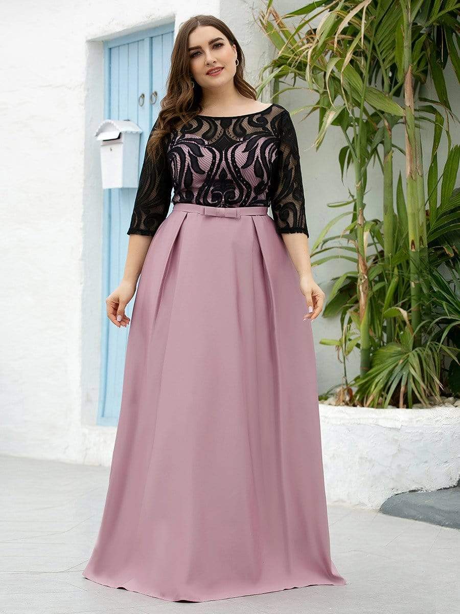 COLOR=Mauve | Plus Size Women Lace Round Neck Formal Evening Dress-Mauve 1