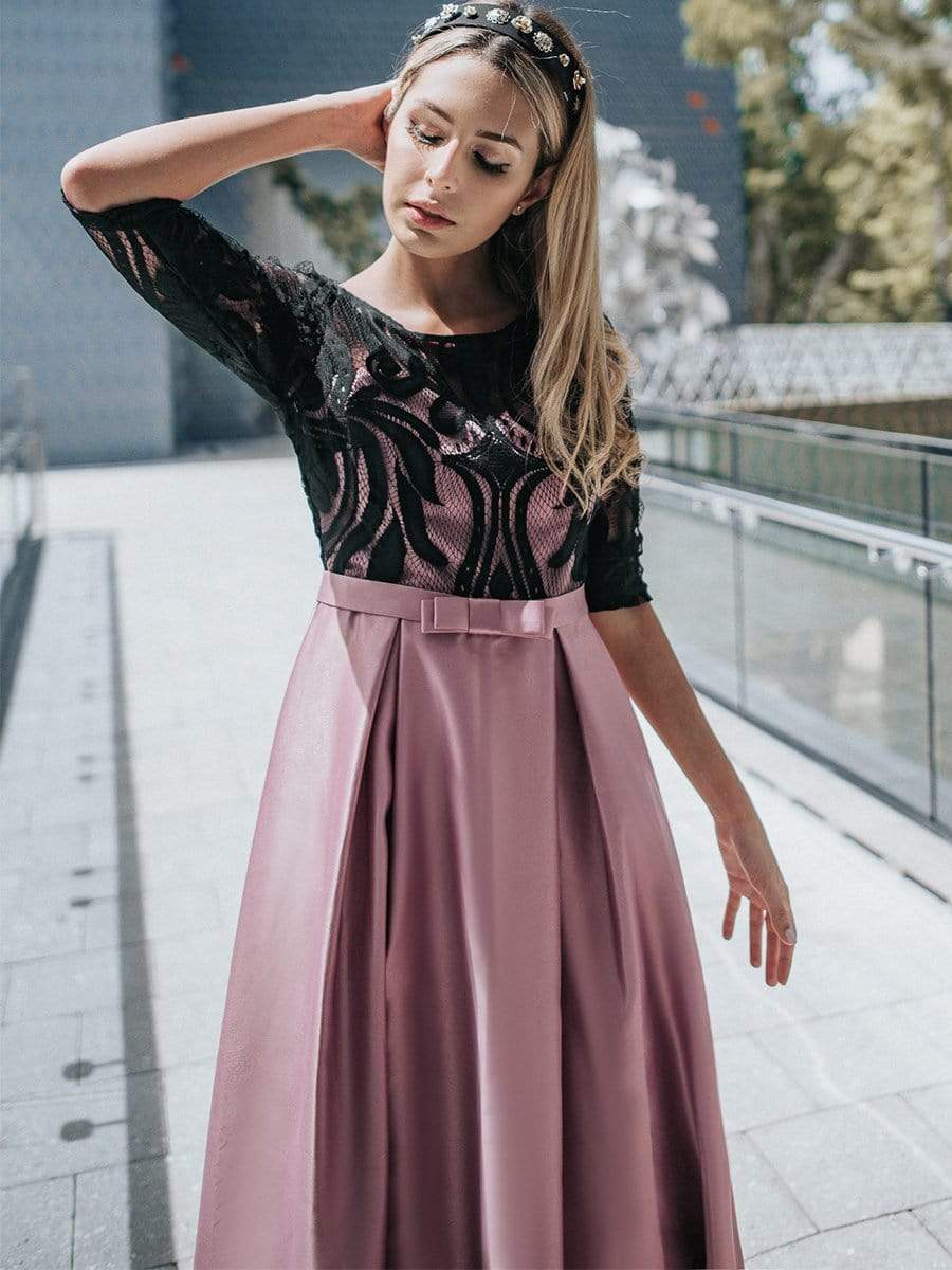 Color=Mauve | Women Lace Round Neck Formal Evening Dress-Mauve 2