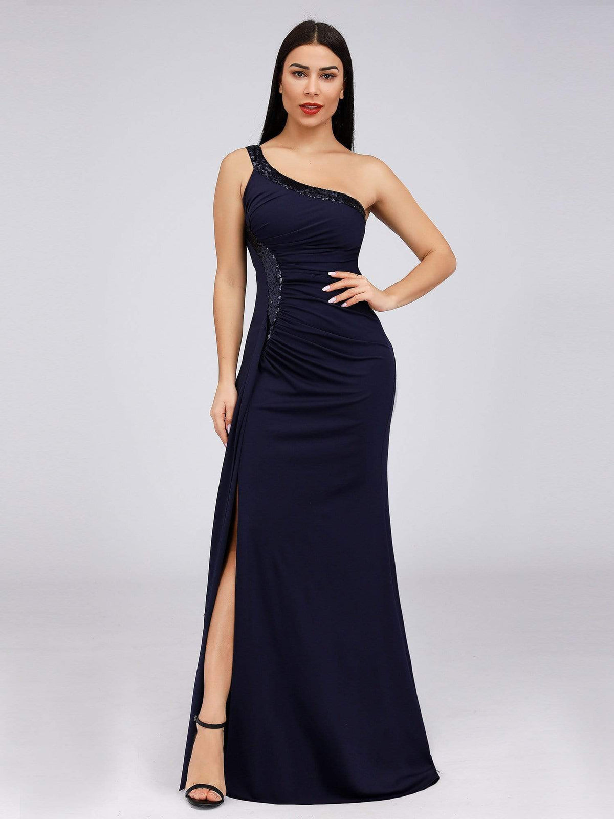 Color=Navy Blue | Women'S One Shoulder Side Split Sequin Dress Evening Dress-Navy Blue 1