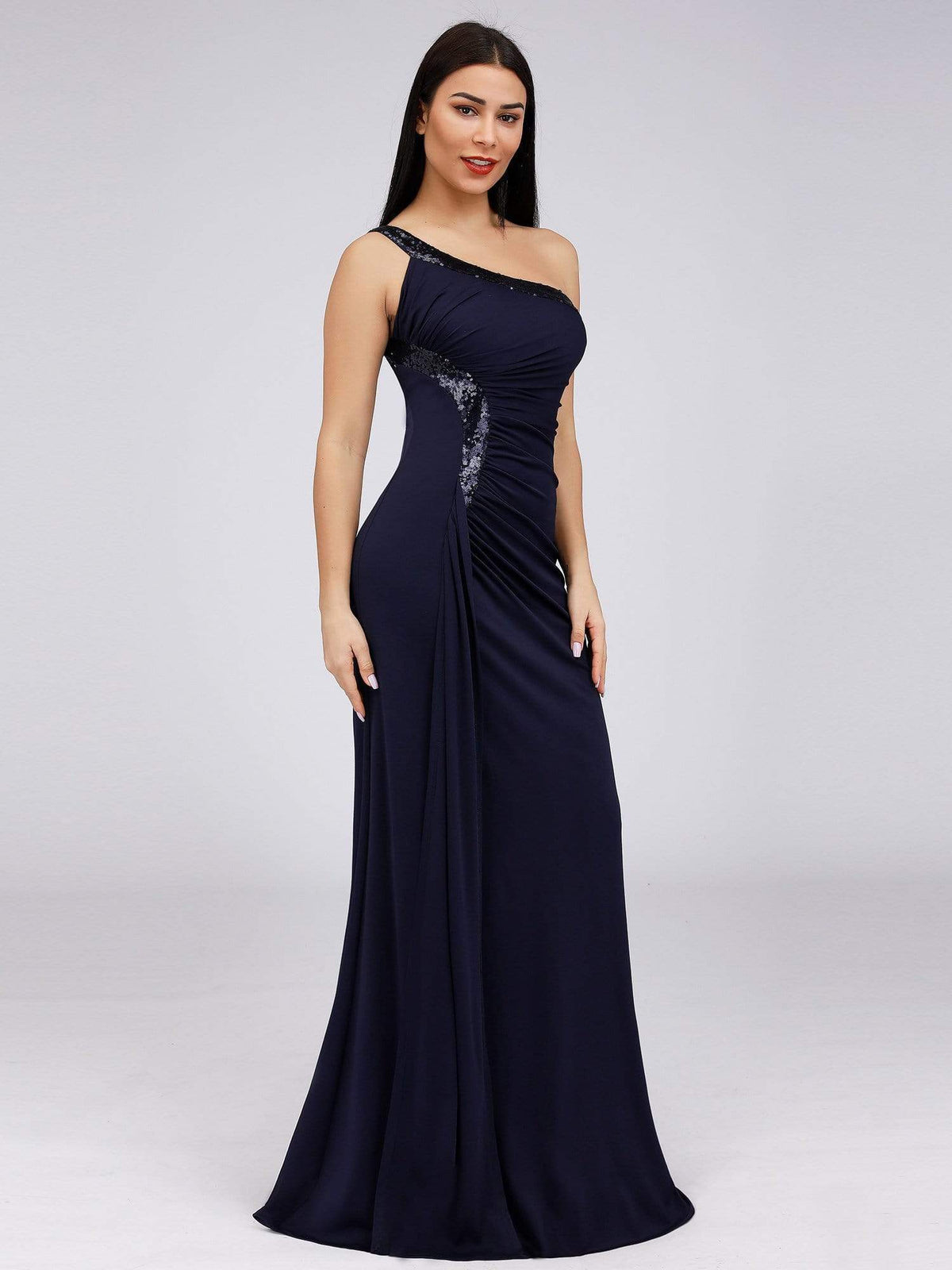 Color=Navy Blue | Women'S One Shoulder Side Split Sequin Dress Evening Dress-Navy Blue 2