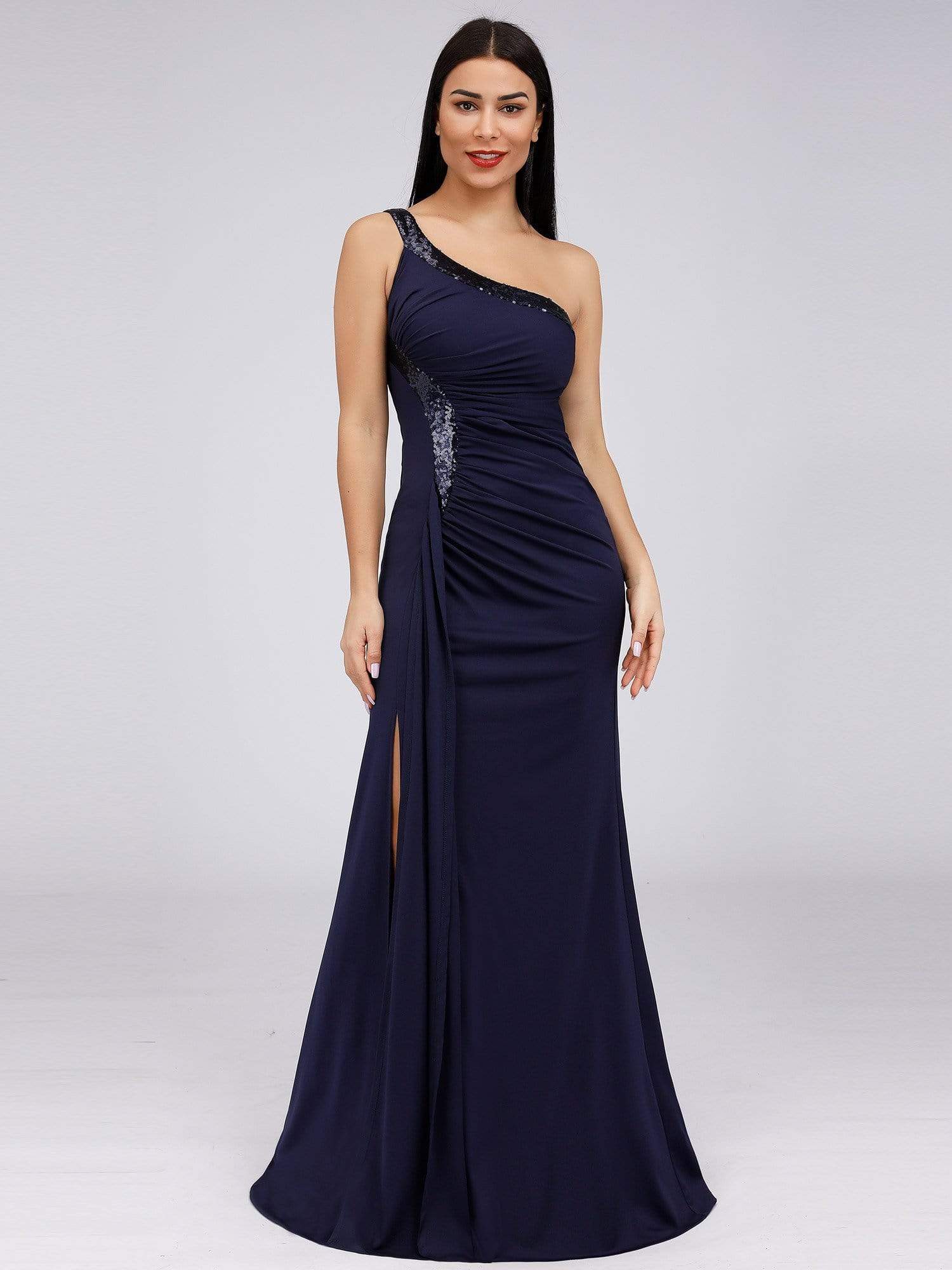 Color=Navy Blue | Women'S One Shoulder Side Split Sequin Dress Evening Dress-Navy Blue 4