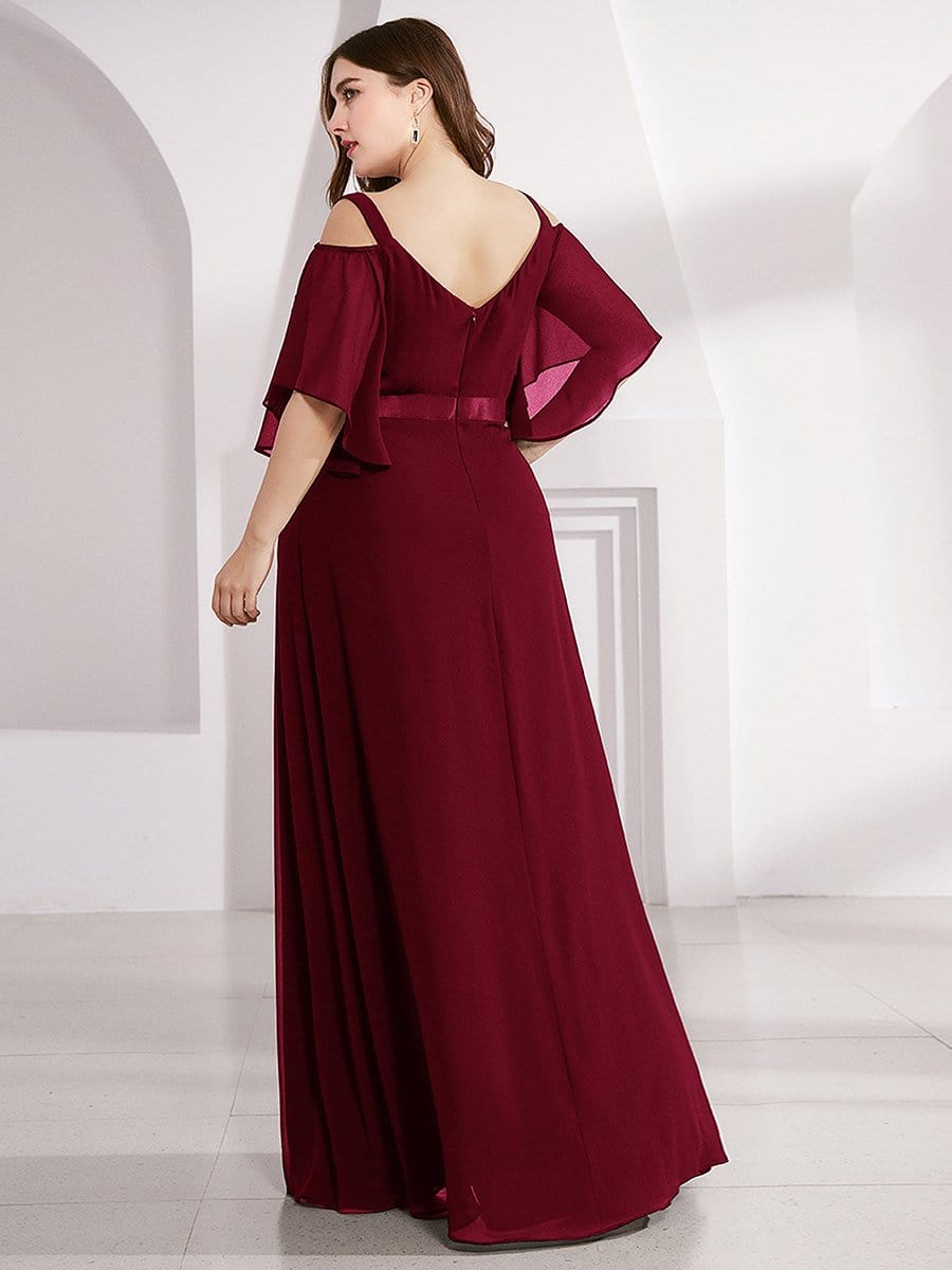 Color=Burgundy | Women'S Off Shoulder Floor Length Bridesmaid Dress With Ruffle Sleeves-Burgundy 2