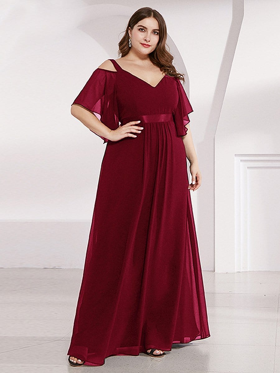 Color=Burgundy | Women'S Off Shoulder Floor Length Bridesmaid Dress With Ruffle Sleeves-Burgundy 6